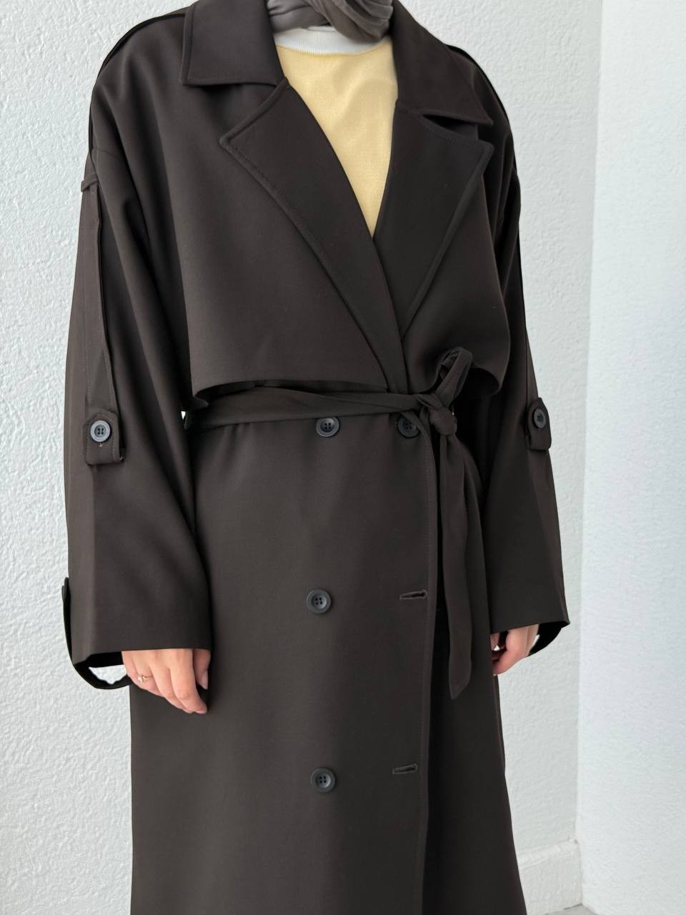 Premium Kalite Oversize Astarlı Kuşaklı Trençkot - Acı Kahve