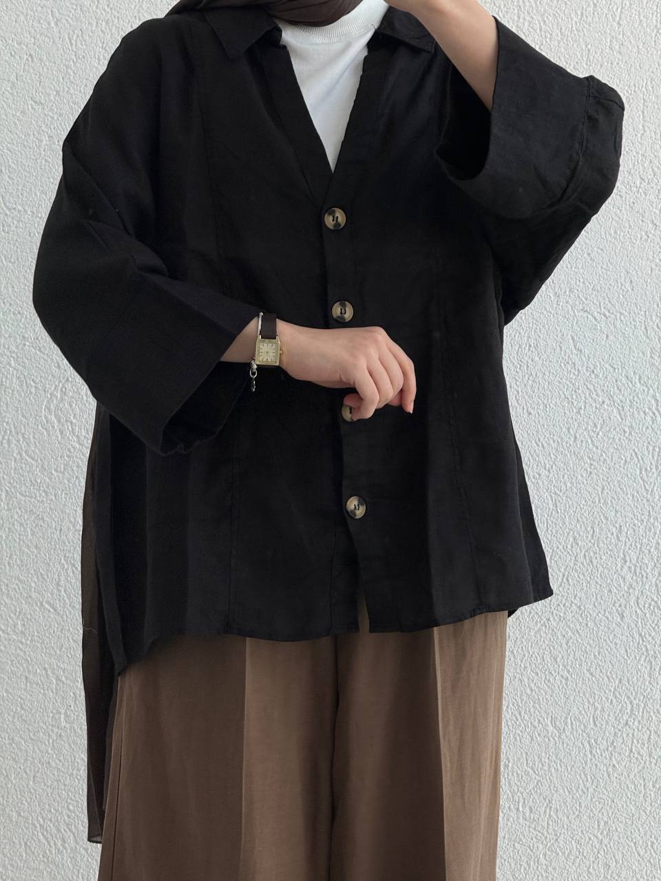 Keten Fakir Kol Geniş  Gömlek - Siyah