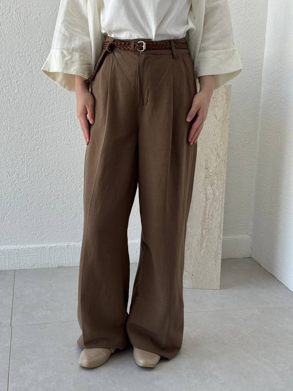 Kemerli Keten Palazzo Pantolon 51150 - Kahve