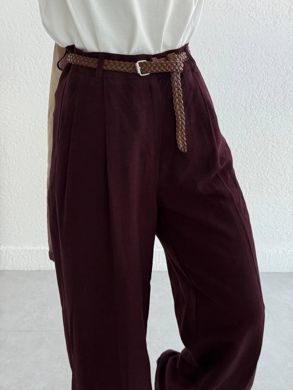 Kemerli Keten Palazzo Pantolon 51150 - bordo