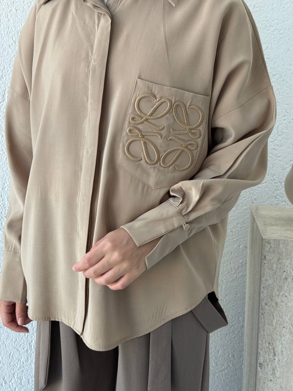 Nakışlı Tencel Gömlek 0009 BYKN - Camel