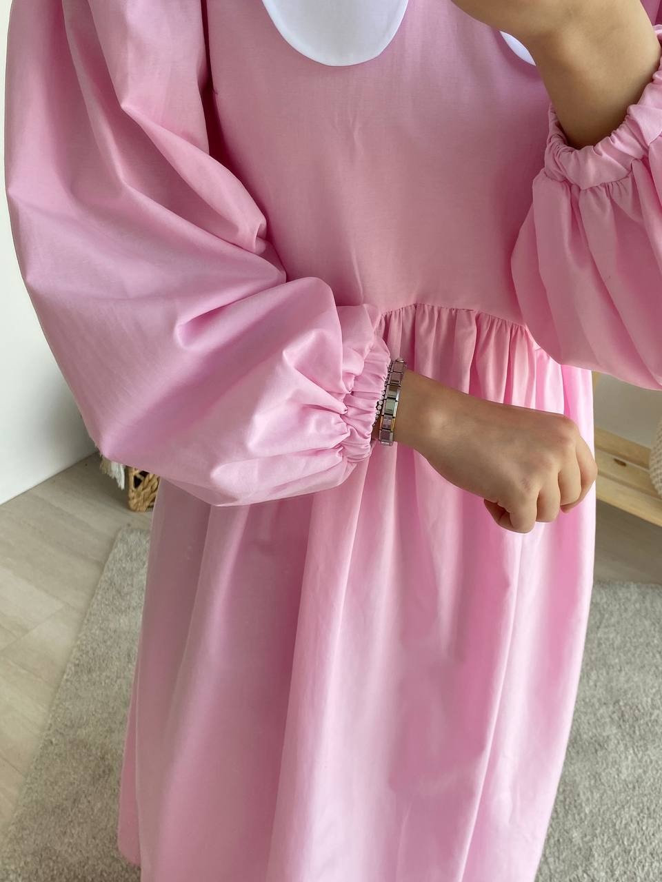 Bebe Yakalı Poplin Elbise - Açık Pembe