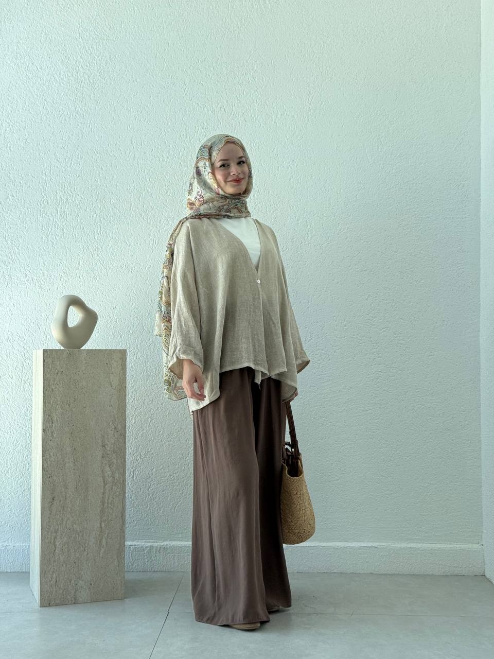 Keten Dokulu Tek Düğmeli Hırka - Kimono - Taş