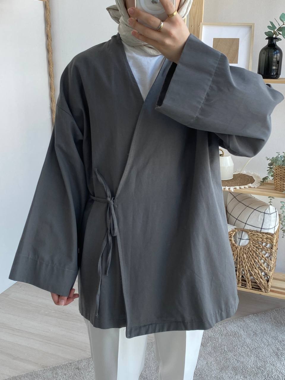 Gabardin Belden Bağlamalı Kimono - Antrasit