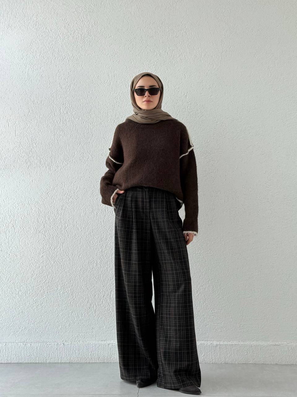 Örgü Biyeli Triko Kazak 7019 - Kahve