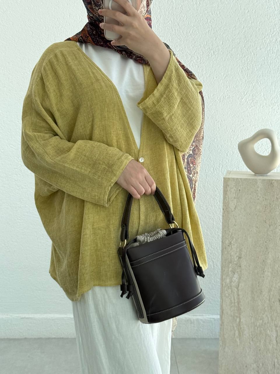 Keten Dokulu Tek Düğmeli Hırka - Kimono - Olive
