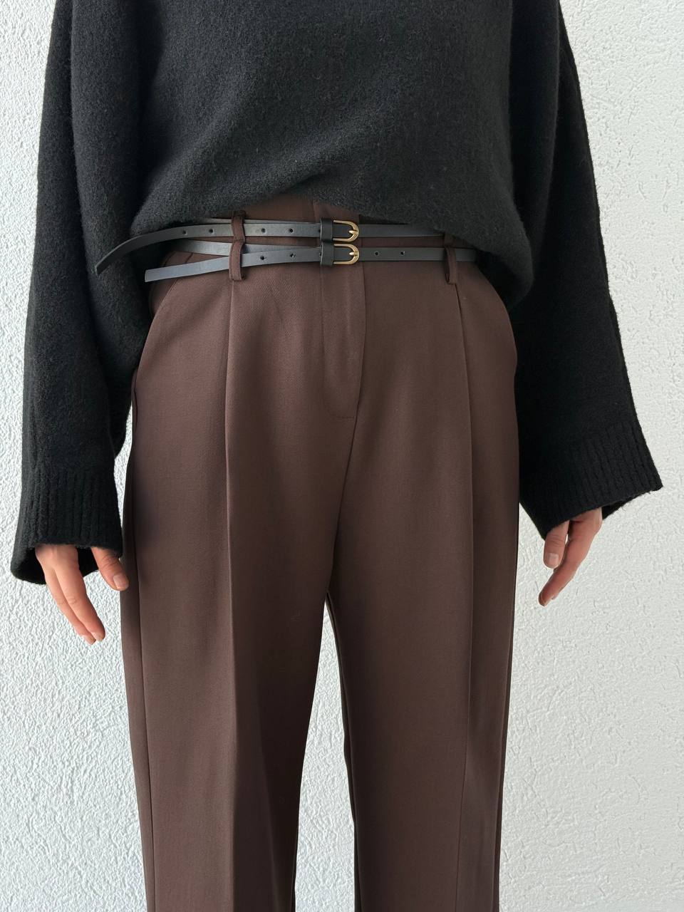 Çift Kemerli Palazzo Kumaş Pantolon 51245 - Kahve