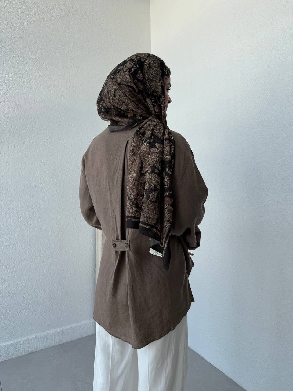 Keten Overlok Geçişli Yırtmaçlı Kimono 027 - Kahve