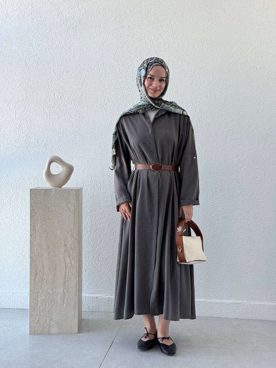 Tencel Önden Düğmeli Kemerli Tunik - Elbise 3270 - Antrasit