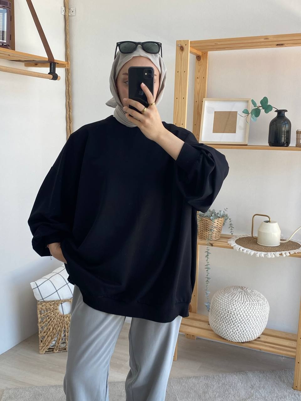 Balon Kol Oversize İki İplik Sweatshirt - Siyah