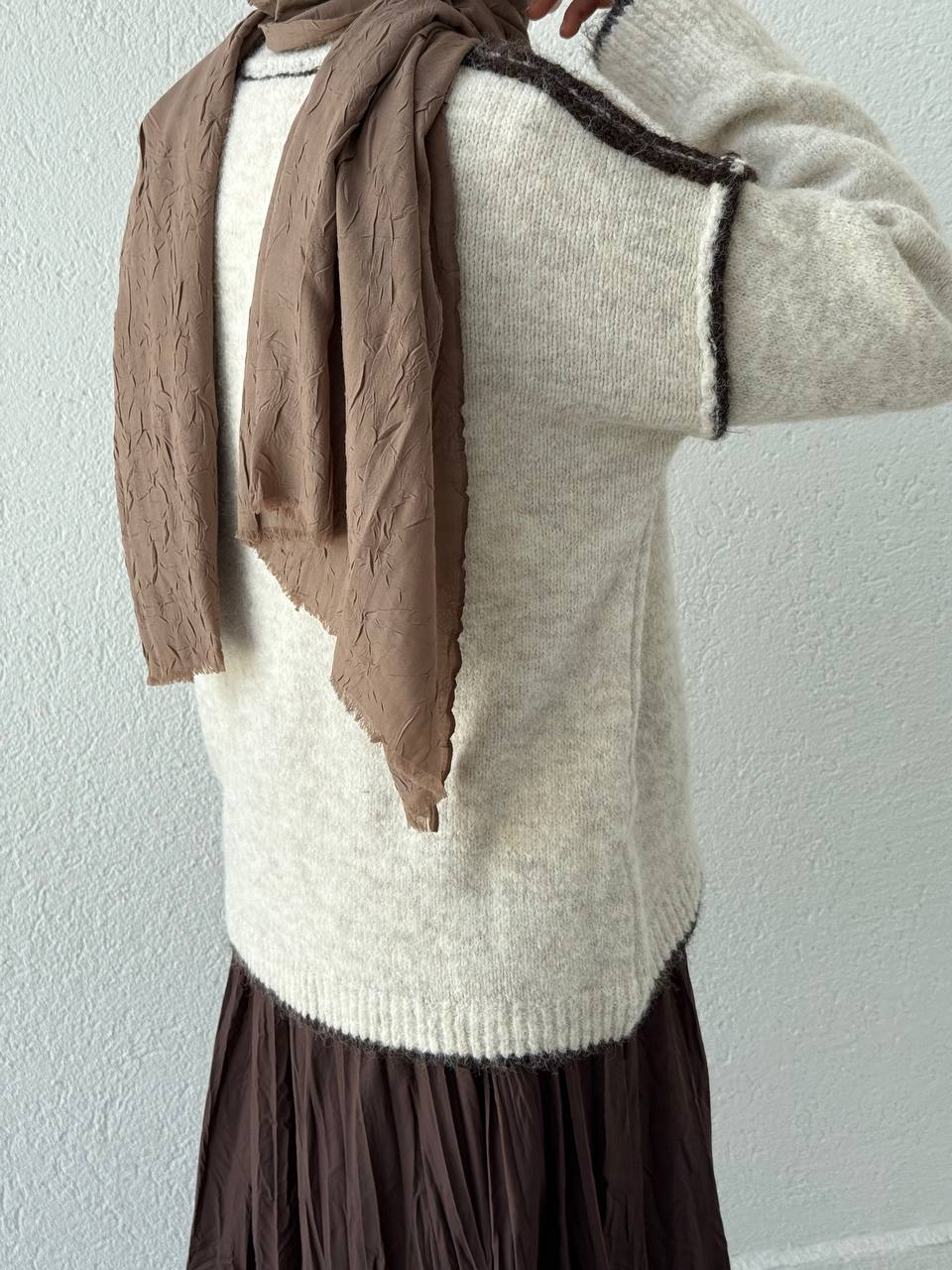 Örgü Biyeli Triko Kazak 7019 - Ekru