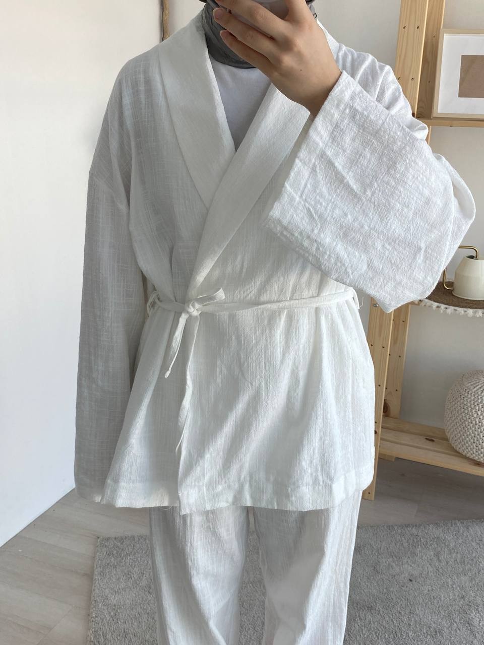 Keten Kimono Belden Bağlamalı Takım - Beyaz