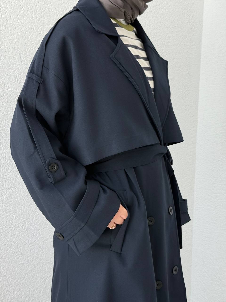 Premium Kalite Oversize Astarlı Kuşaklı Trençkot - Lacivert