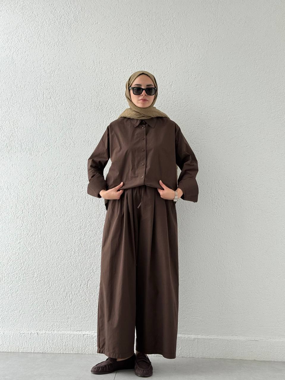 Poplin Etek Pantolonlu Takım 51005  - Kahve