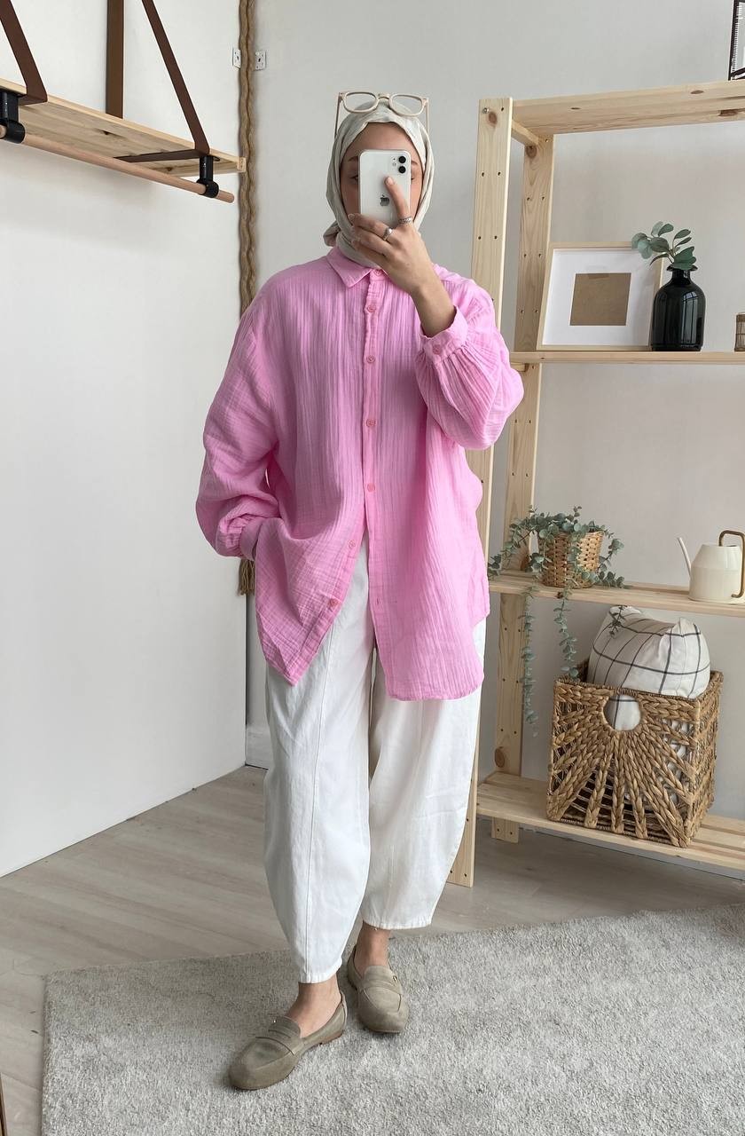 Pamuk Oversize Düşük Kol Gömlek - Açık Pembe