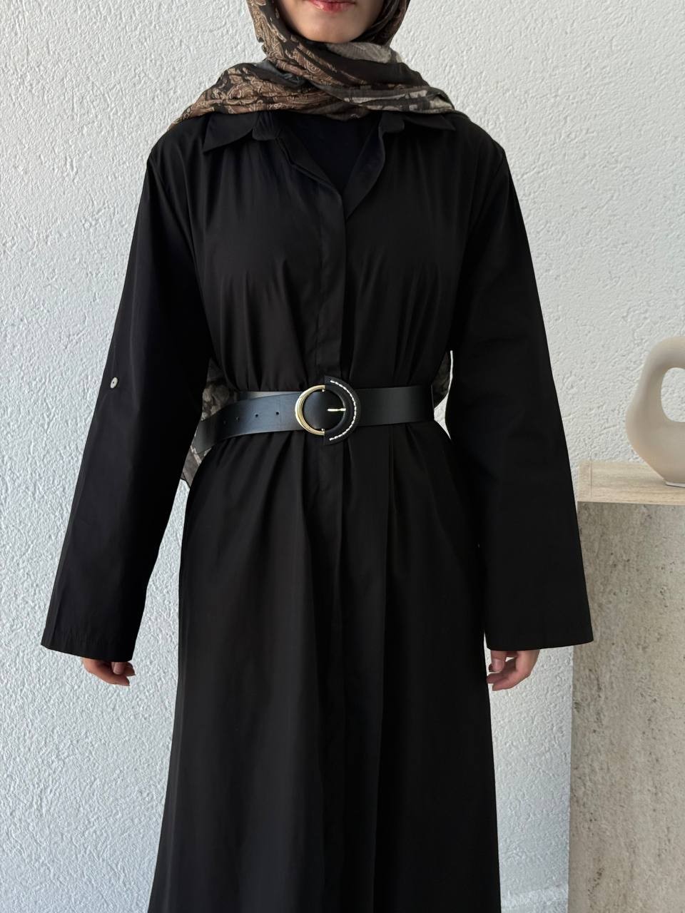 Kemerli Poplin Gömlek Elbise 3350 - Siyah