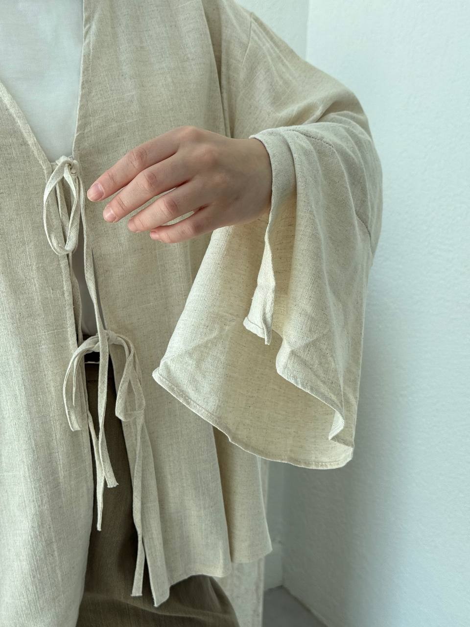 Ham Pamuk Keten Dokulu Kol Volanlı Kimono 5235 - naturel