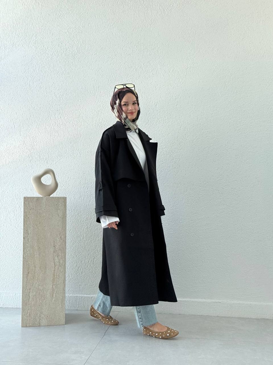 Premium Kalite Oversize Astarlı Kuşaklı Trençkot - Siyah