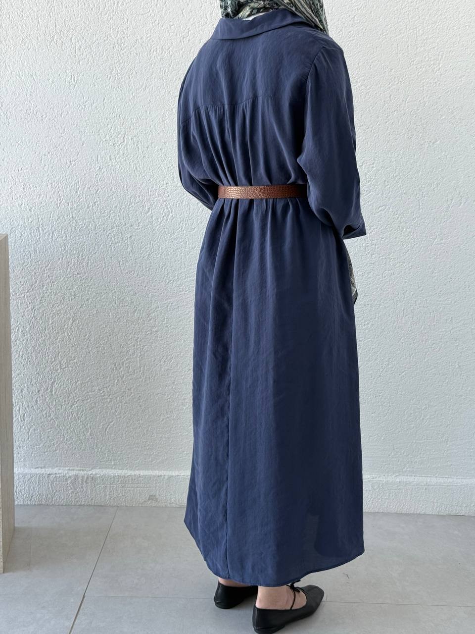 Tencel Önden Düğmeli Kemerli Tunik - Elbise 3270 - Lacivert