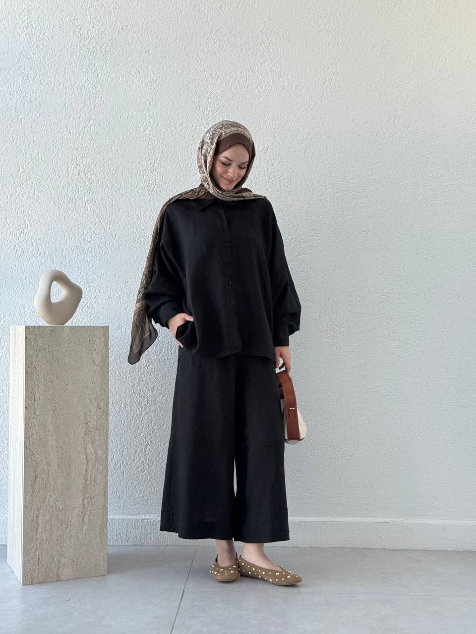 Keten Çift Manşetli Oversize Gömlek - Siyah