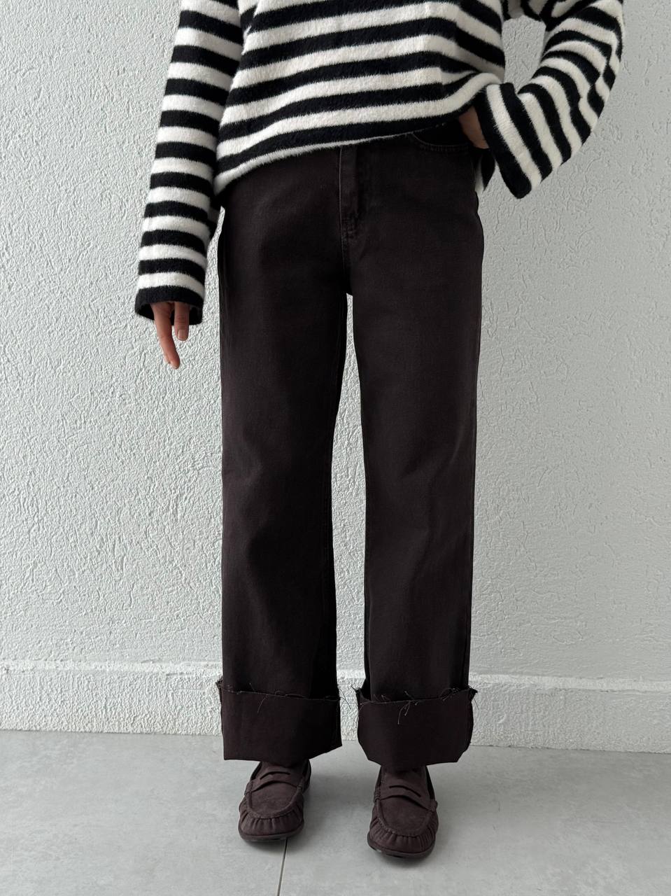 Yüksek Bel Palazzo Kesik Paça Kot Pantolon - Kahve