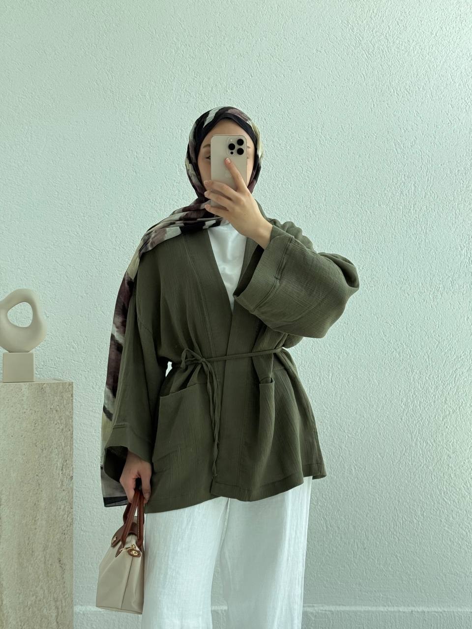 Müslin İki Cepli Kuşaklı Kimono - Haki