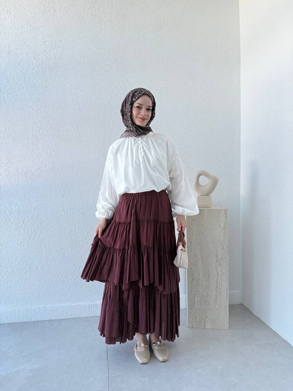 Katlı Beli Lastikli Vual Pamuk Etek 417