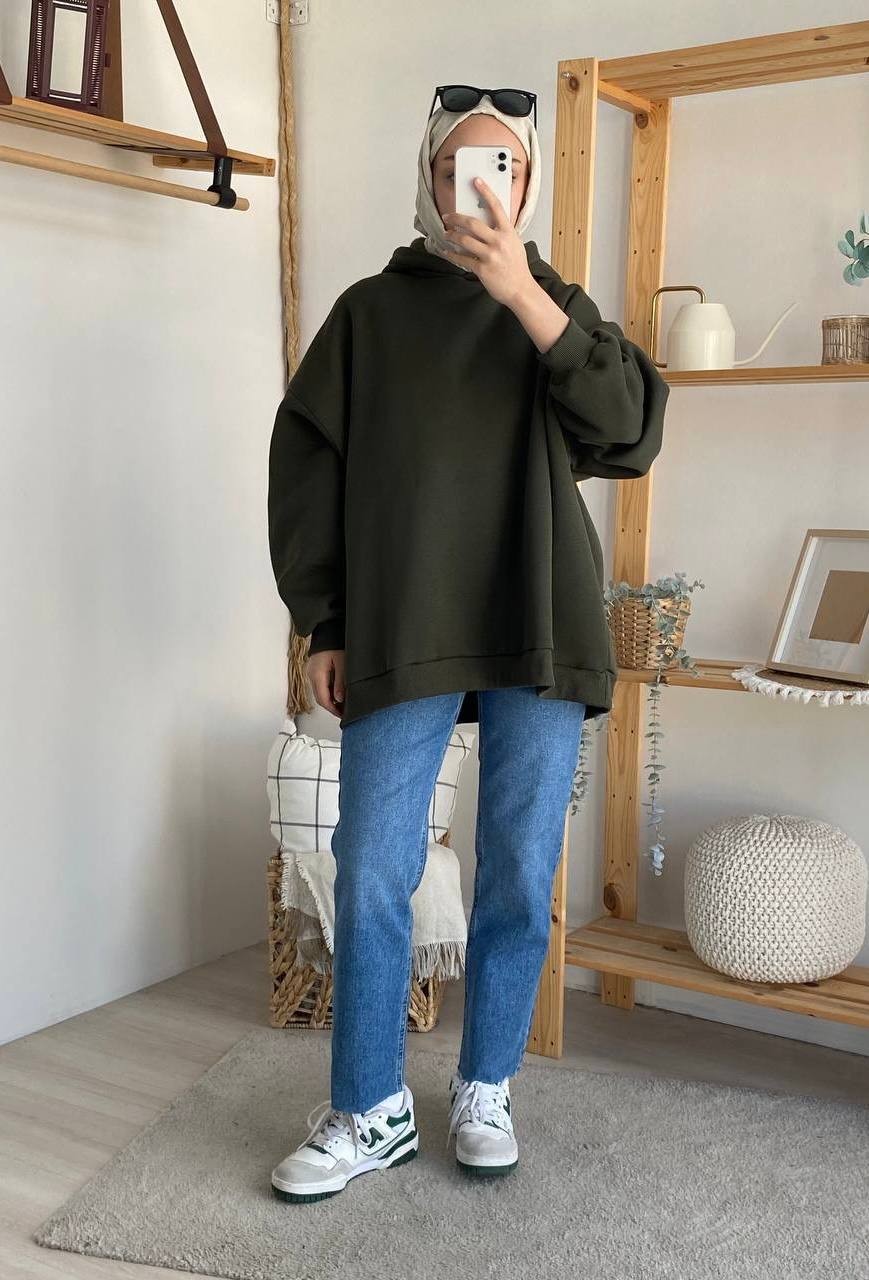 Üç İplik Şardonlu Kapşonlu Oversize Sweat - Haki