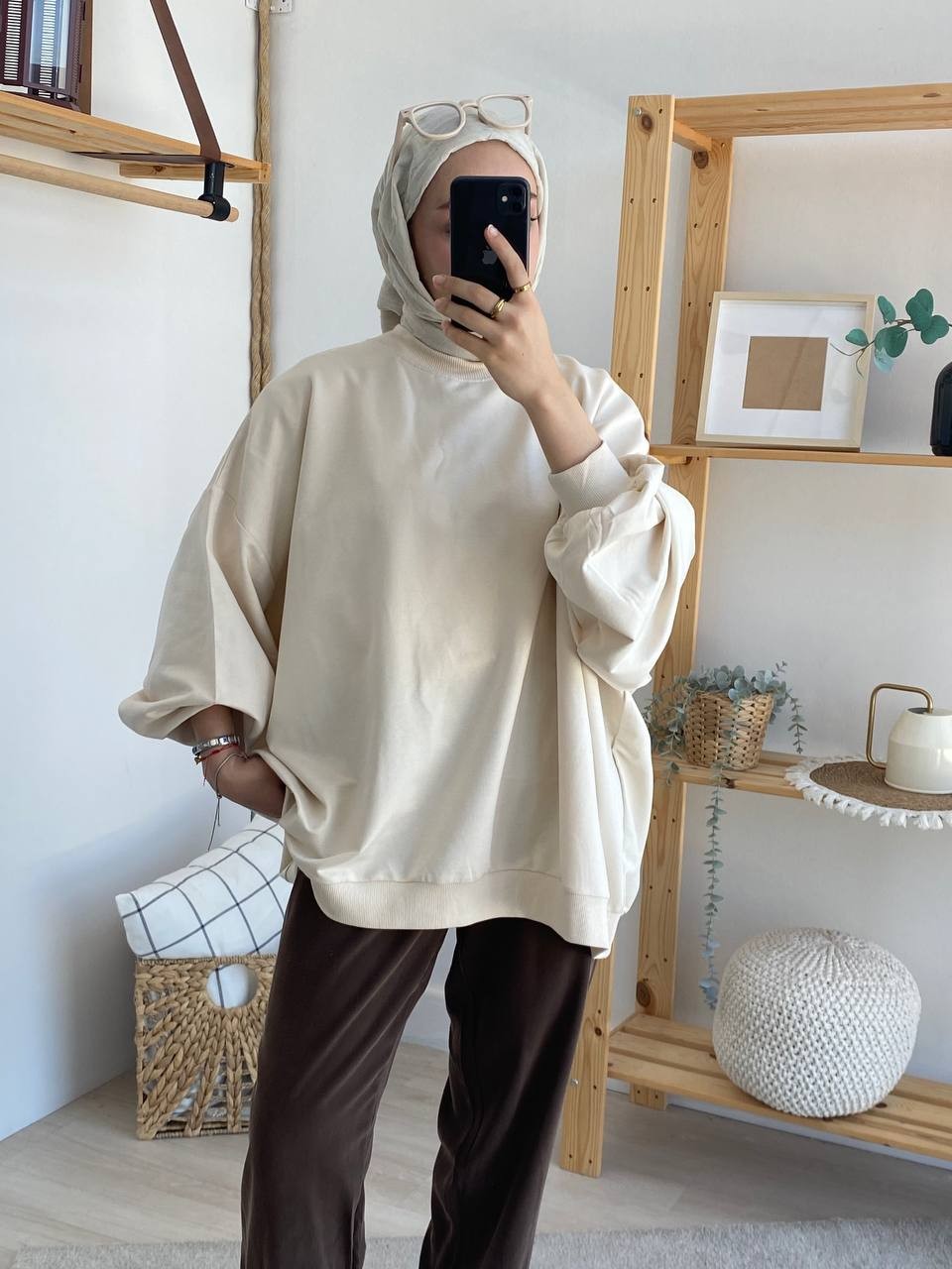 Balon Kol Oversize İki İplik Sweatshirt - Taş