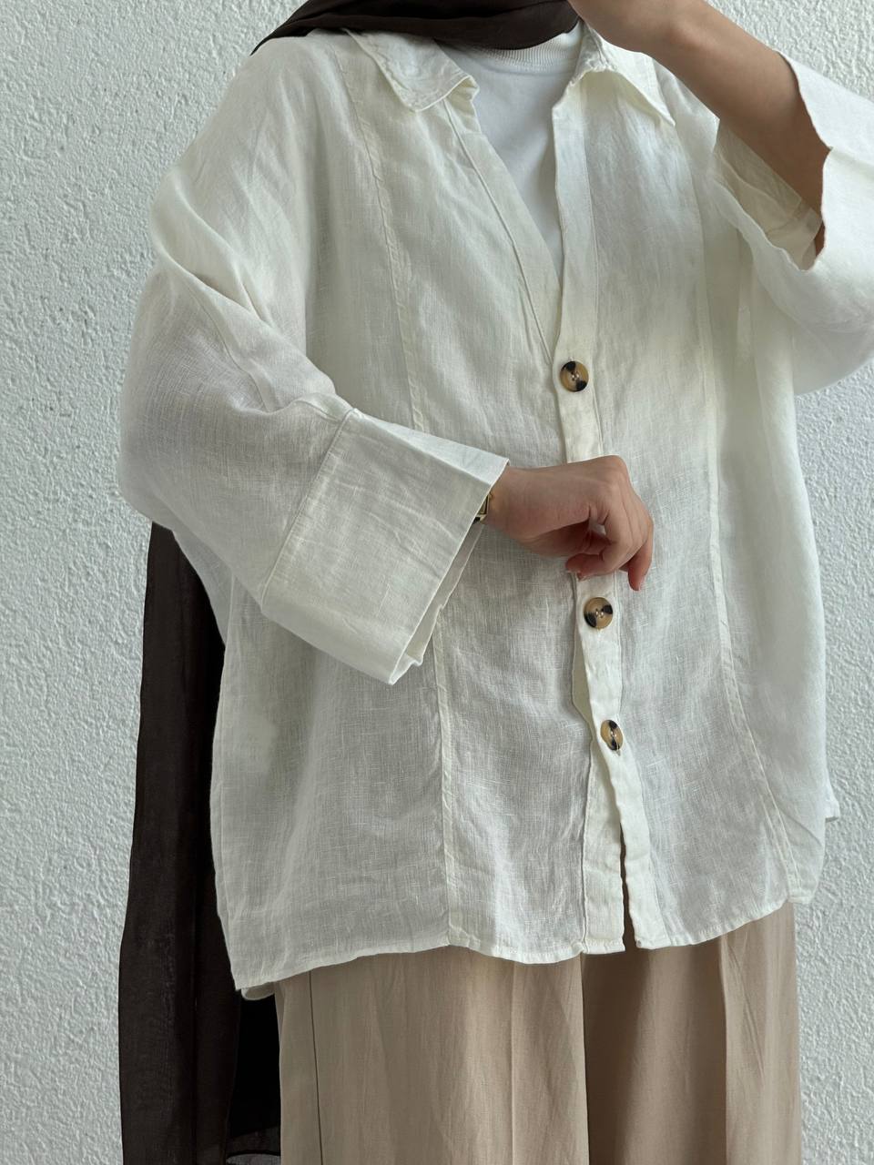 Keten Fakir Kol Geniş  Gömlek - Beyaz