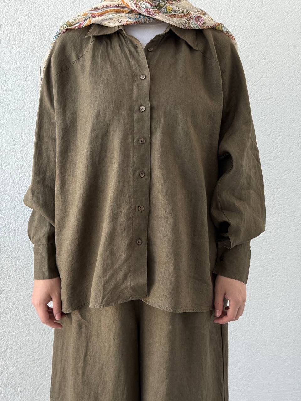 Keten Çift Manşetli Oversize Gömlek - Haki