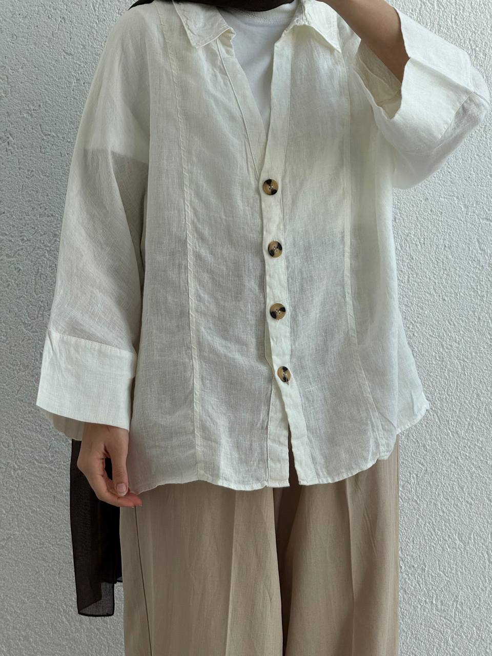 Keten Fakir Kol Geniş  Gömlek - Beyaz