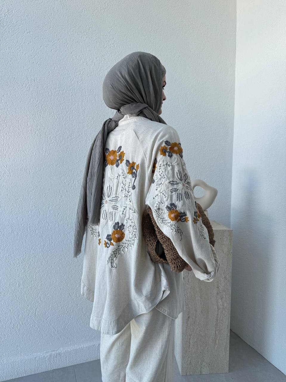 Nakışlı Çiçek Desenli Kimono - naturel
