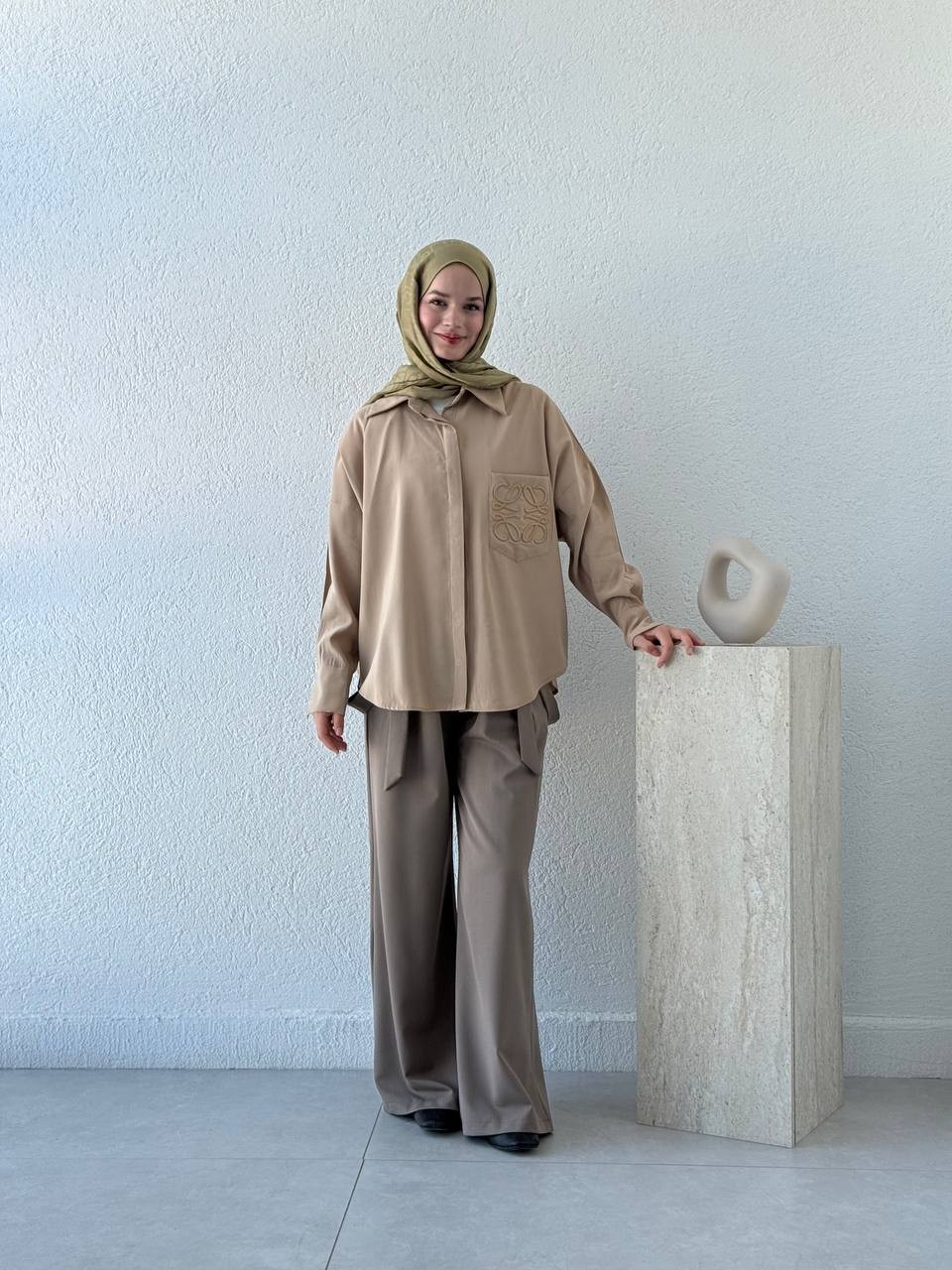 Nakışlı Tencel Gömlek 0009 BYKN - Camel
