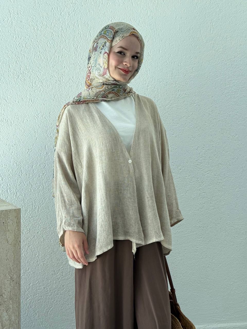 Keten Dokulu Tek Düğmeli Hırka - Kimono - Taş