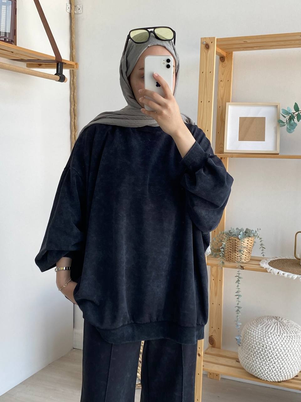 Yıkamalı İki İplik Oversize Sweat - Siyah