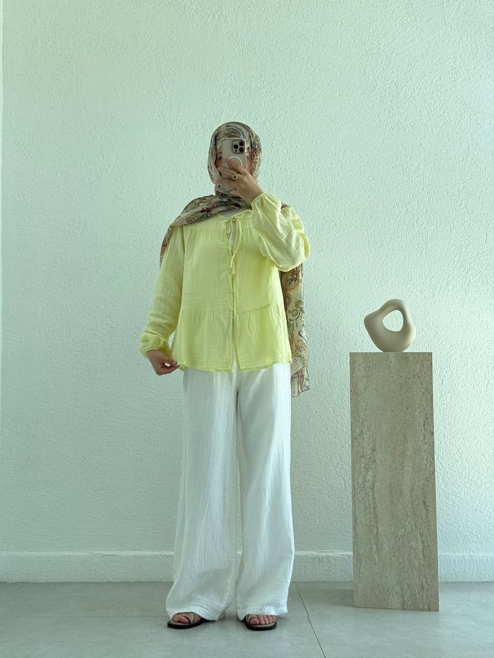 Muslin Ön Bağlamalı Düğmeli Gömlek 4563 - soft sarı