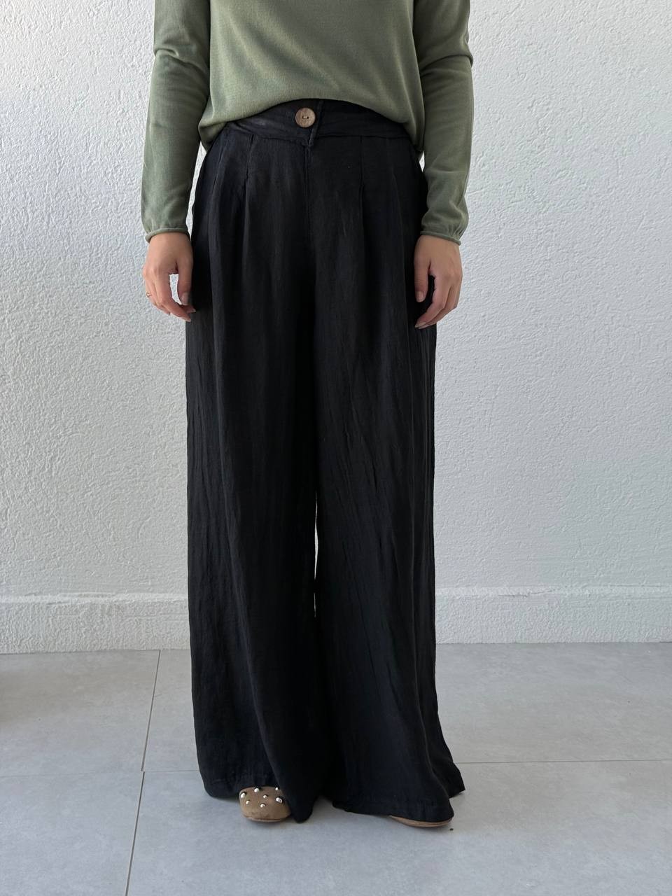 Keten Bol Paça Düğme Detaylı Pantolon flr - Siyah