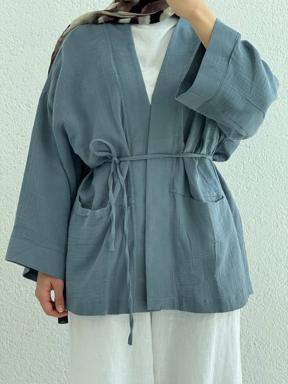Müslin İki Cepli Kuşaklı Kimono - mavi-gri