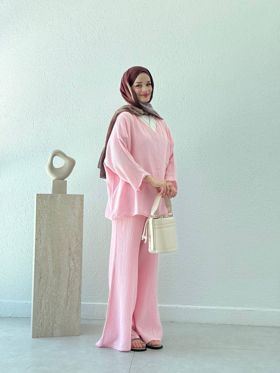 Müslin Gömlekli Palazzo Takım  - Açık Pembe