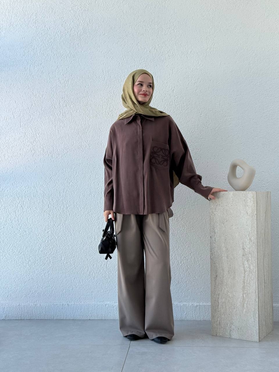 Nakışlı Tencel Gömlek 0009 BYKN - Kahve