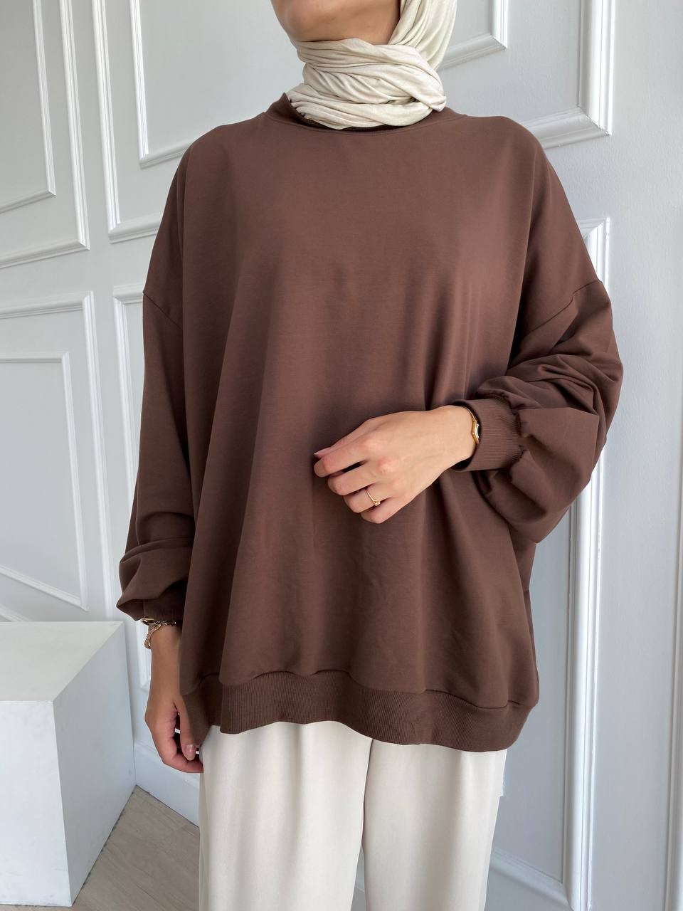 Balon Kol Oversize İki İplik Sweatshirt - Kahve