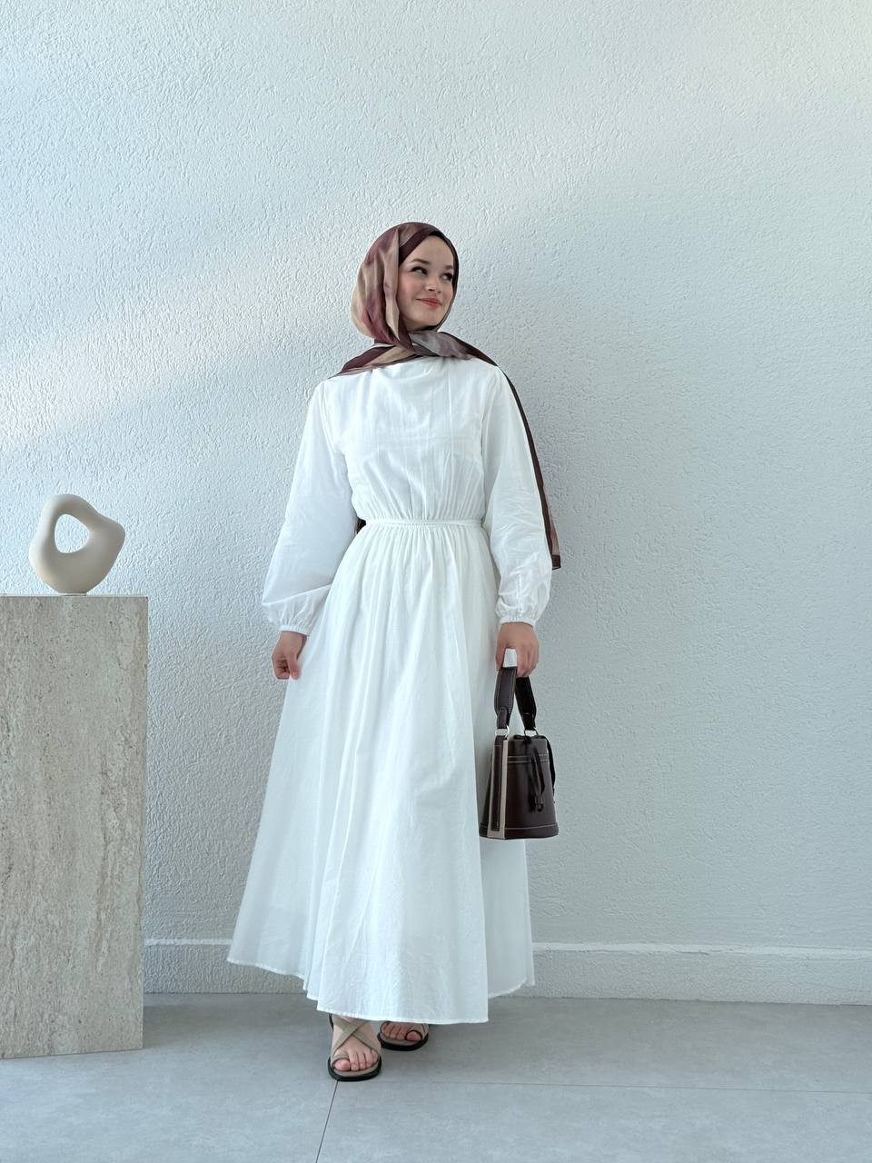 Vual Bel Lastikli Astarlı Elbise 5001 - Beyaz