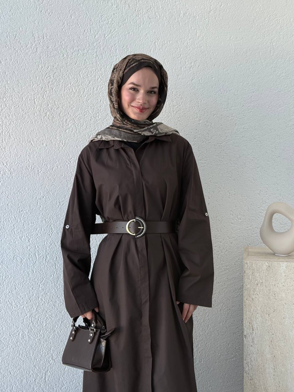 Kemerli Poplin Gömlek Elbise 3350 - Kahve