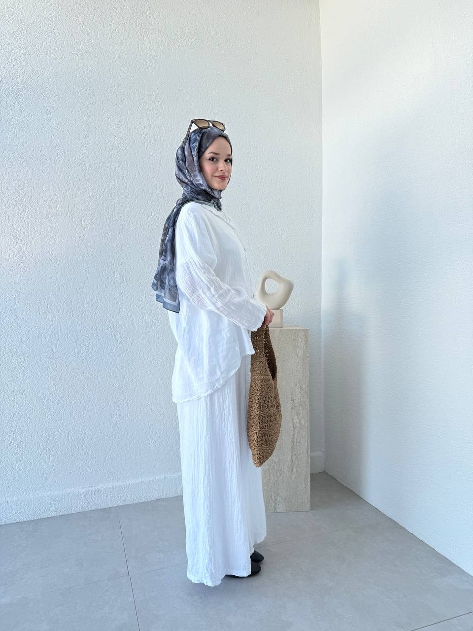 Keten Oversize Takım FLR - Beyaz
