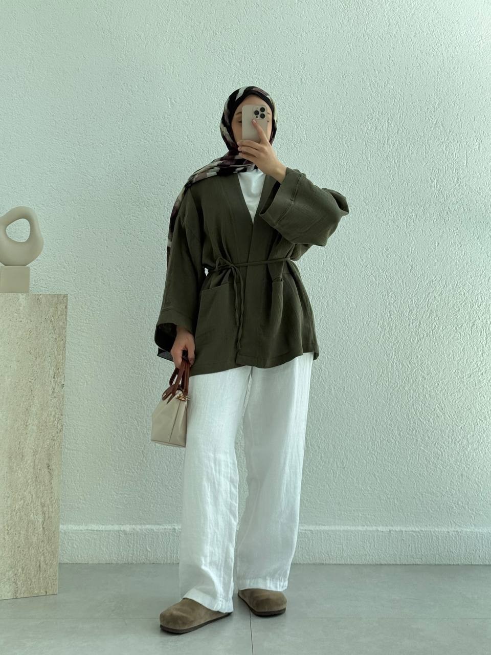 Müslin İki Cepli Kuşaklı Kimono - Haki