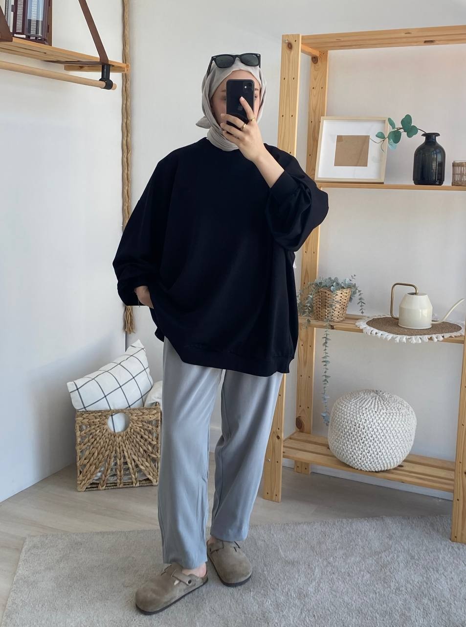 Balon Kol Oversize İki İplik Sweatshirt - Siyah