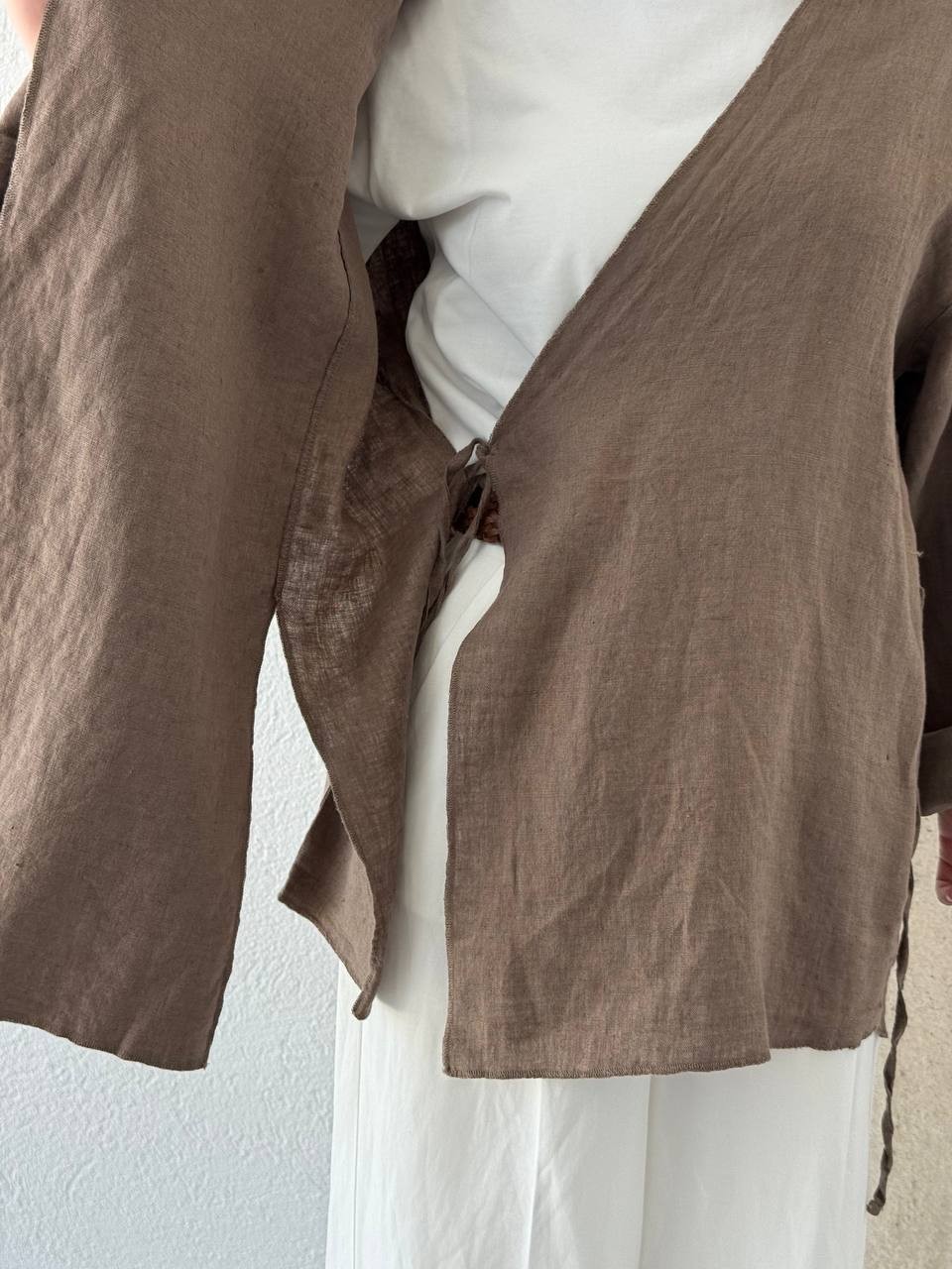 Keten Overlok Geçişli Yırtmaçlı Kimono 027 - Kahve