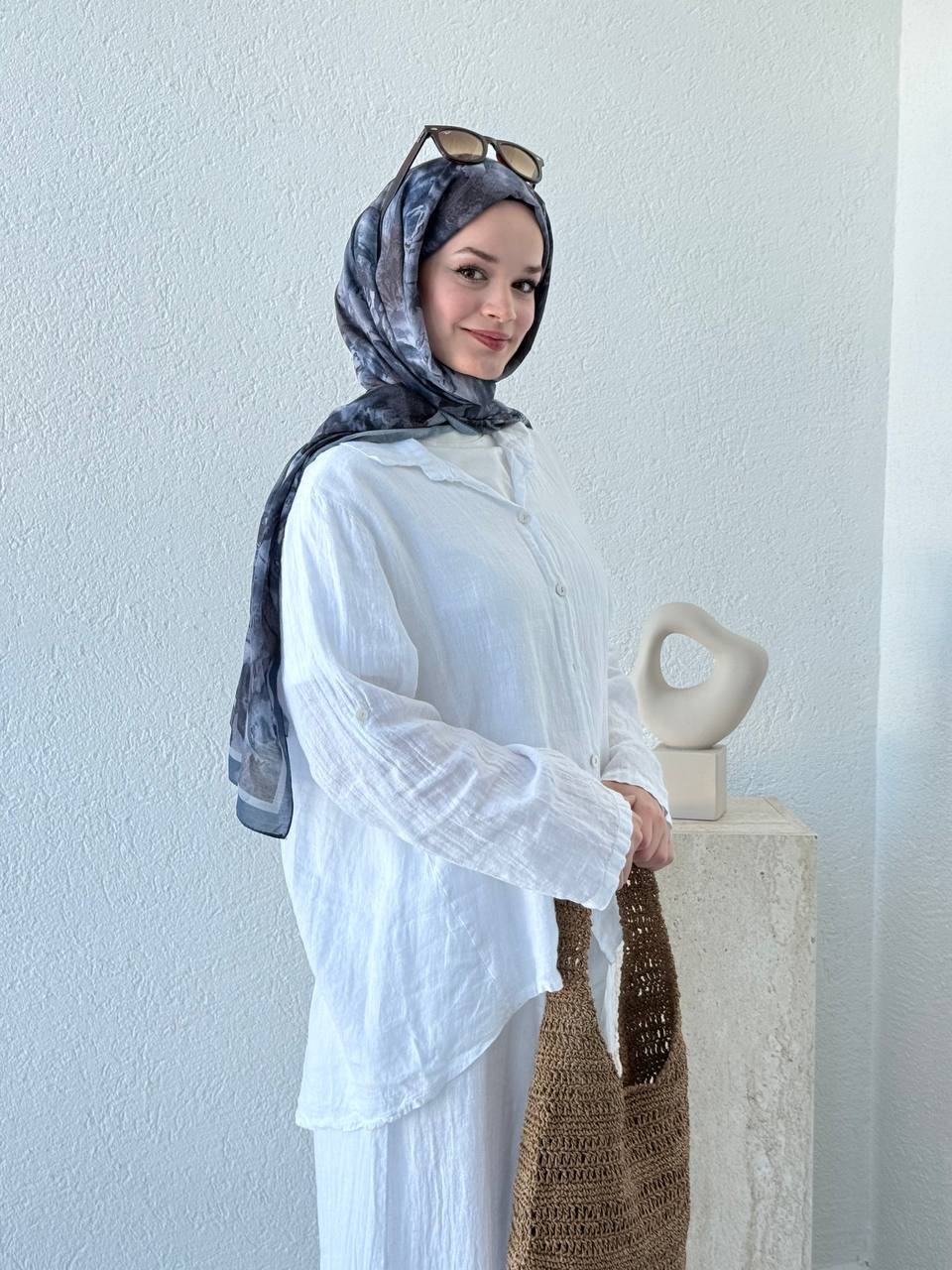 Keten Oversize Takım FLR - Beyaz
