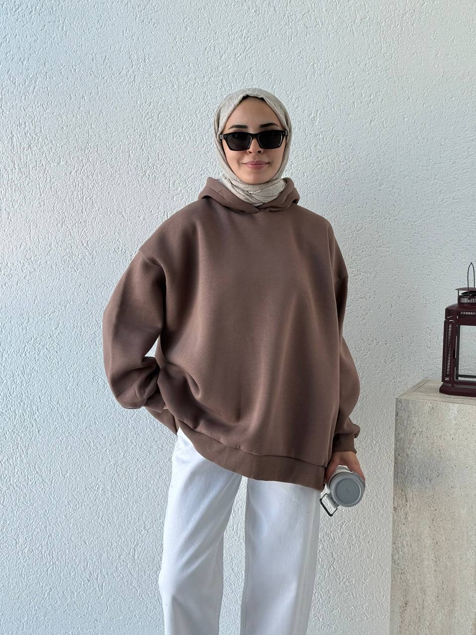 Üç İplik Şardonlu Kapşonlu Oversize Sweat